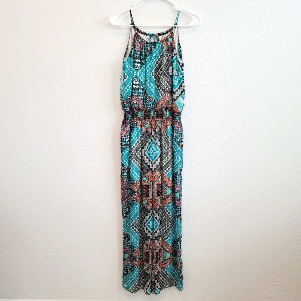 Sweet Storm Aztec Print Halter Green Jumpsuit Women's Size Medium